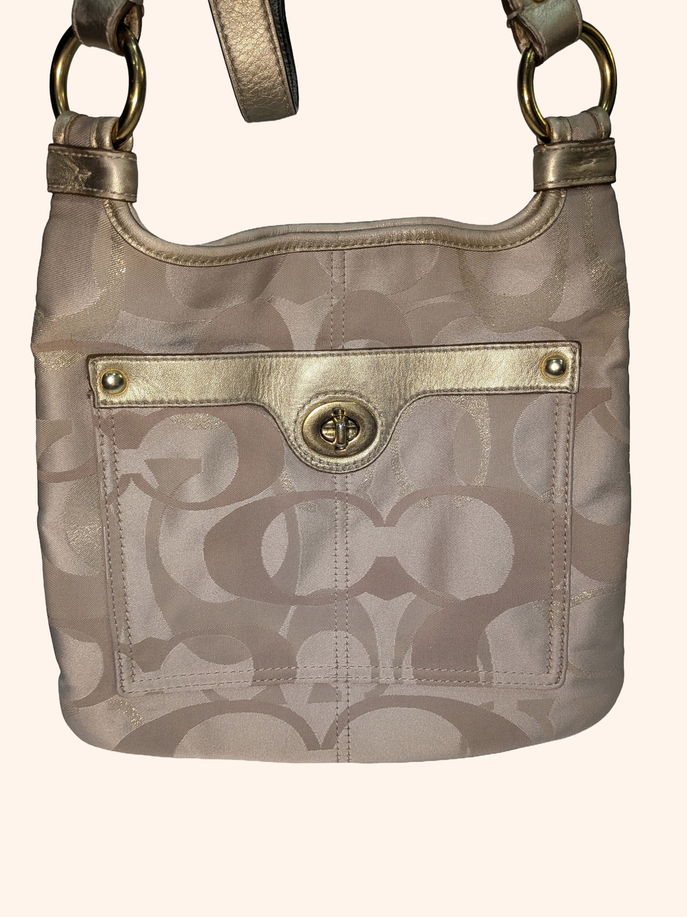 Vintage Coach Metallic Beige Signature Jacquard Shoulder Bag